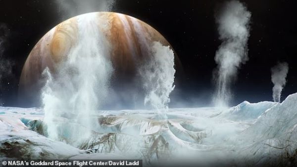NASA has confirmed the presence of water vapor on one of Jupiter's 79 moons. The American Space agency detected plume-like forms of water vapor above Europa's (artist impression) icy surface. (NASA's Goddard Space Flight Center)