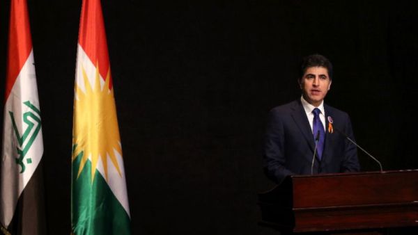 Iraqi Kurdish premier Nechirvan Barzani addresses a conference in Arbil on November 27, 2017 (AFP Photo/SAFIN HAMED)
