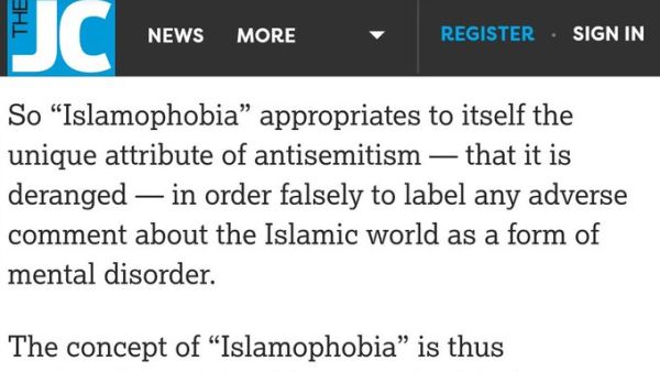 The Jewish Chronicle published an article that described Islamophobia a "bogus label" that excuses antisemetic behaviour (Twitter)