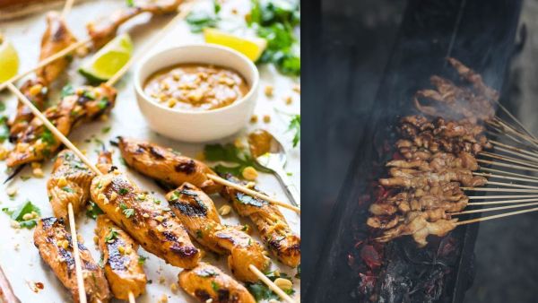 أسياخ الدجاج مع صلصة الفول السوداني