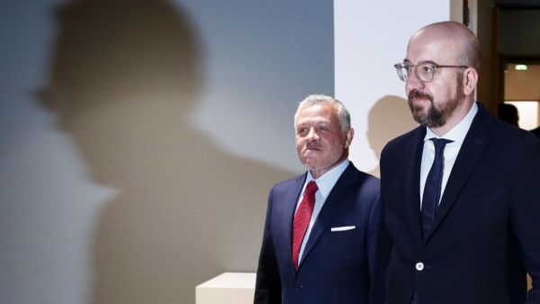 Jordan's King Abdullah (L) and President of the European Council Charles Michel arrive prior to their meeting in Brussels, on January 14, 2020. FRANCOIS LENOIR / POOL / AFP