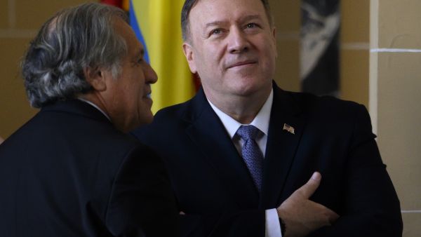 US Secretary of State Mike Pompeo stands with OAS Secretary-General Luis Almagro (L)at the OAS during a gathering of the representatives in Washington, DC on January 17, 2020. ANDREW CABALLERO-REYNOLDS / AFP