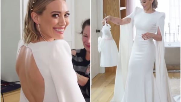 Hilary Duff opted for an understated ivory Jenny Packham bridal gown. Vogue / YouTube
