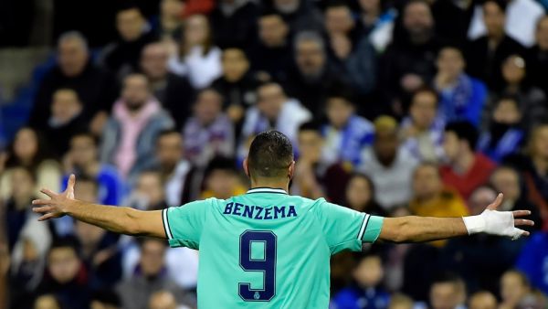 Real Madrid's French forward Karim Benzema celebrates after scoring during the Copa del Rey (King's Cup) football match between Zaragoza and Real Madrid CF at La Romareda stadium in Zaragoza, on January 29, 2020. JOSE JORDAN / AFP