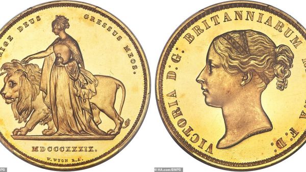 It depicts Victoria as Una, from the Elizabethan poem The Faerie Queene by Edmund Spenser. The reverse carries a portrait of the monarch (pictured). (HA.com/ BNPS)