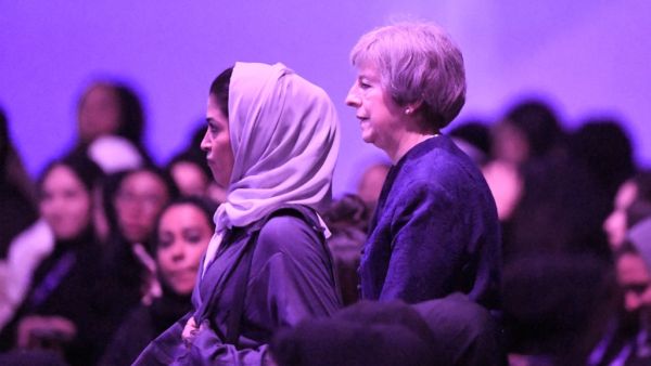 Britain's former prime minister Theresa May attends the Global Women's Forum in the Gulf emirate of Dubai on February 16, 2020. KARIM SAHIB / AFP