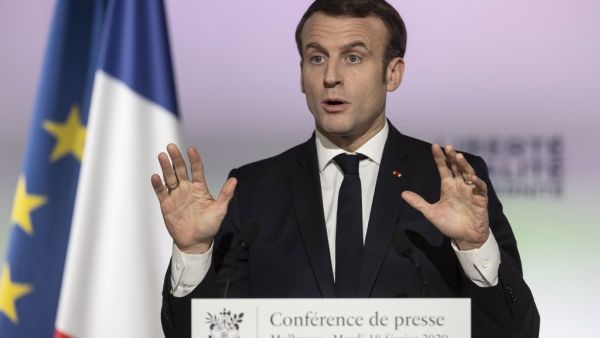 French President Emmanuel Macron delivers a speech during a trip on the theme of the republican reconquest and the fight against Islamist separatism at the Dollar gymnasium in Mulhouse, eastern France, on February 18, 2020. Jean-Francois Badias / POOL / AFP