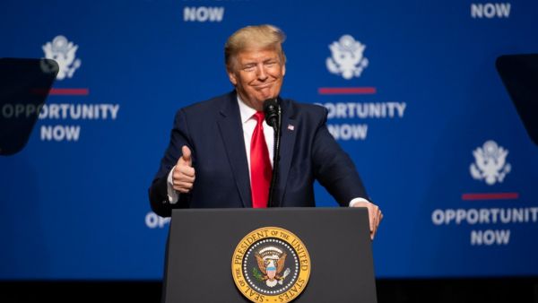 U.S. President Donald Trump addresses the crowd during the Opportunity Now summit at Central Piedmont Community College on February 7, 2020 in Charlotte, North Carolina. Sean Rayford / GETTY IMAGES NORTH AMERICA / AFP