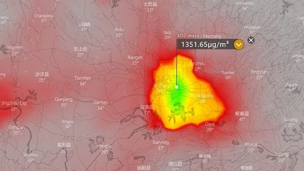 This satellite map which was captured at the weekend shows very high levels of sulphur dioxide (SO2) in the city of Wuhan at the centre of the coronavirus outbreak. (Windy.com)