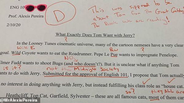 Huh? A college student was reportedly assigned an essay on the classic American novel The Great Gatsby — and instead wrote an essay on the cartoon Tom & Jerry. (Twitter)