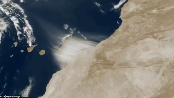 A stunning satellite image has revealed the moment a Saharan sandstorm engulfed the Canary Islands, shrouding the islands in an orange haze and causing hundreds of flight cancellations. (Twitter)