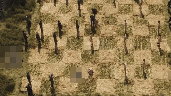 The series depicts a 'human chess game' where Nazi soldiers shoot dead Jews lined up on a large chess board. (Amazon)