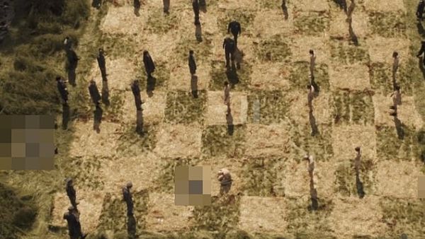 The series depicts a 'human chess game' where Nazi soldiers shoot dead Jews lined up on a large chess board. (Amazon)