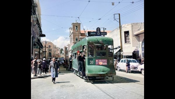 "With the photo of the tram," Berjaoui said, "when looking at the grayscale clues, it shows that it was a uniform green color.” Photos courtesy of "Colorize Lebanon"