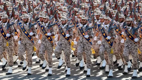 In this file photo taken on September 22, 2018 members of Iran's Revolutionary Guards Corps (IRGC) march during the annual military parade. (AFP)