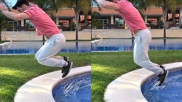 The aim is to reach backward, usually with their feet, and touch the surface of the water without making a splash before landing safely back on the ledge. (Instagram)