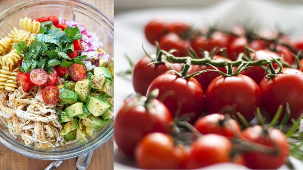 سلطة باستا الدجاج الصحية مع الأفوكادو والطماطم والريحان