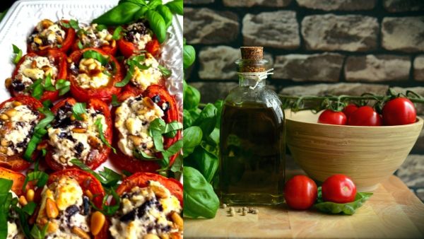 طماطم مشوية مع جبنة الفيتا والزيتون والصنوبر