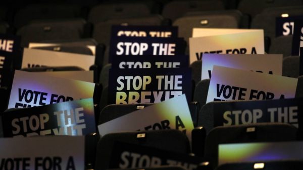 Placards are stacked at the 'Stop The Brexit Landslide', organised by the Vote for a Final Say campaign and For our Future's Sake, at London's Mermaid Theatre in London on December 6, 2019. Britain will go to the polls on December 12, 2019 to vote in a pre-Christmas general election. Tolga AKMEN / AFP