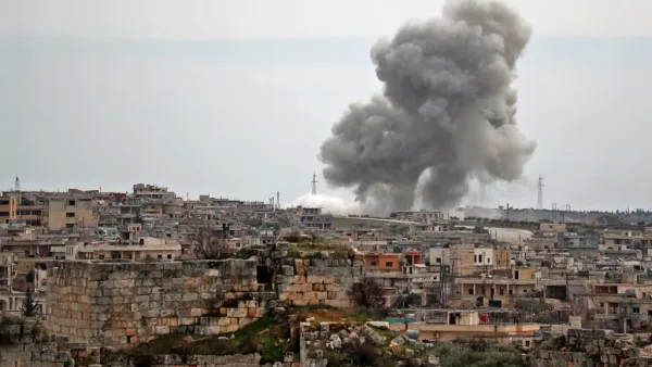 Plumes of smoke rise following Russian air strikes on the village of al-Bara in the southern part of Syria's northwestern Idlib province on March 5, 2020. Omar HAJ KADOUR / AFP