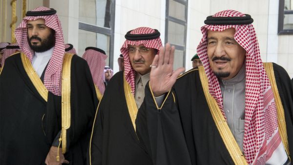 This file handout picture release by Saudi Royal Palace on December 14, 2016 shows Saudi King Salman bin Abdulaziz (R), Crown Prince Mohammed bin Nayef (C) and deputy Crown Prince Mohammed bin Salman arriving for the opening session of the Shura Council in Riyadh. AFP