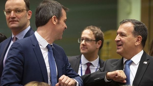 European health chiefs greeted each other with elbow bumps at an emergency meeting being held in Brussels today. Pictured, Croatian Health Minister Vili Beros, right, bumps elbows to say hello to French Health Minister Olivier Veran (Dailymail)