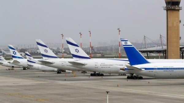 El Al Airlines' Boeing 737s are pictured on the tarmac at Ben Gurion International Airport near Tel Aviv, March 10, 2020. (Jack Guez/AFP)