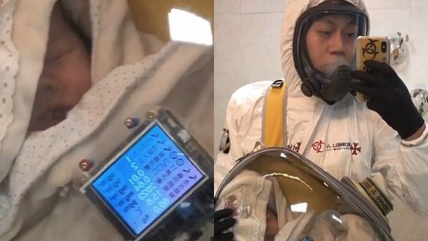 A Chinese father, known by his nickname Bai Ying, has created a 'coronavirus safety pod' to protect his toddler son from catching the deadly virus while being outside. (Bai Ying)