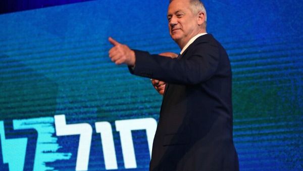 Blue and White leader Benny Gantz at the party's post-election event in Tel Aviv on March 3, 2020. (Gali Tibbon/AFP)