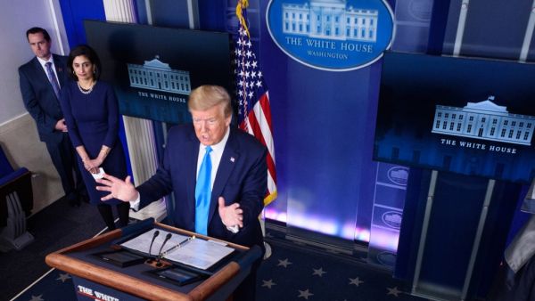 Administrator of the Centers for Medicare and Medicaid Services Seema Verma listens as US President Donald Trump speaks during the daily briefing on the novel coronavirus, COVID-19, in the Brady Briefing Room at the White House on April 7, 2020, in Washington, DC. MANDEL NGAN / AFP