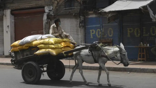 A labourer wearing a facemask rides on his loaded donkey cart on a street during a government-imposed nationwide lockdown as a preventive measure against the COVID-19 coronavirus, in Karachi on April 14, 2020. Asif HASSAN / AFP