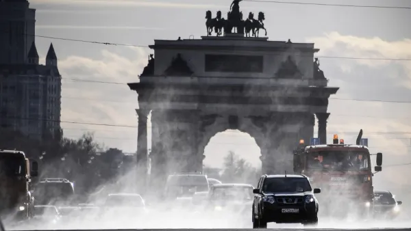 Municipal vehicles clean and disinfect a street in downtown Moscow on April 23, 2020, during the COVID-19 outbreak, caused by the novel coronavirus. Alexander NEMENOV / AFP