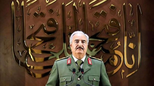 Field-Marshal Khalifa Haftar gives a televised speech, April 27. (AFP)