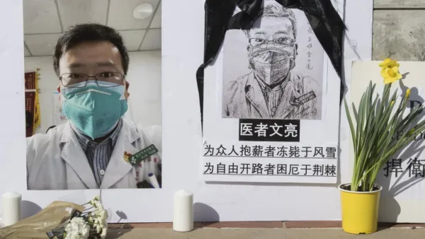 In this file photo a memorial for Dr Li Wenliang, who was the whistleblower of the Coronavirus, Covid-19, that originated in Wuhan, China and caused the doctor's death in that city, is pictured outside the UCLA campus in Westwood, California, on February 15, 2020. US lawmakers on May 7, 2020 proposed renaming the street in front of China's embassy after the late Wuhan doctor punished after warning about the new coronavirus, a step sure to outrage Beijing. The measure would rechristen the section of the Wash