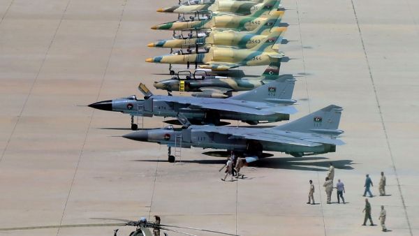 In this file photo taken on September 04, 2016 A picture taken on September 4, 2016 in the coastal city of Misrata shows Aero L-39 Albatros (top) and MIG-23 fighter jets (bottom) of the Libyan Air Force on the tarmac of the Air College, that was turned into an air base for jets targeting the positions of the Islamic State (IS) group in Sirte as well as in the north-central and north-western Libya. (AFP/File Photo)