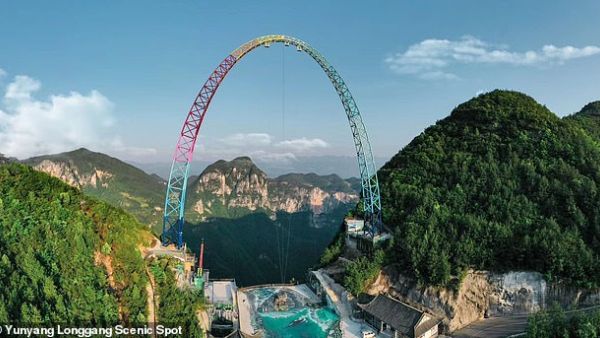The ride in Chongqing, China, can catapult thrill-seekers over the cliff at a top speed of 80mph. (Yunyang Longgang Scenic Spot)