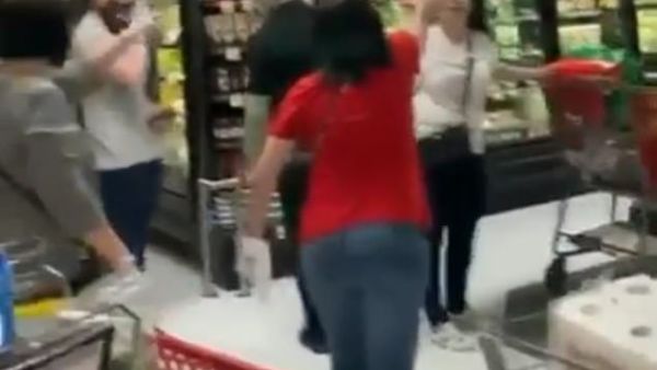 A viral video shows furious New Yorkers chasing a shopper out of a grocery store in Staten Island because she wasn't wearing a mask. (Twitter)