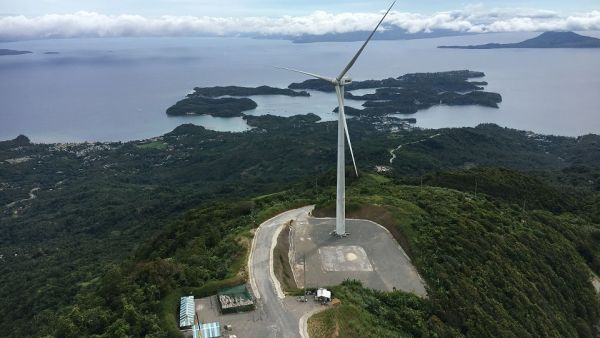 Wind turbine at Puerto Galera hybrid plant on island of Mindoro, Philippines