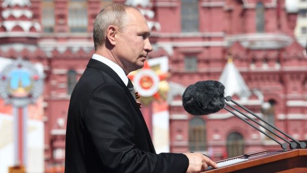 Russian President Vladimir Putin gives a speech during a military parade, which marks the 75th anniversary of the Soviet victory over Nazi Germany in World War Two, at Red Square in Moscow on June 24, 2020. The parade, usually held on May 9, was postponed this year because of the coronavirus pandemic. Alexey NIKOLSKY / SPUTNIK / AFP