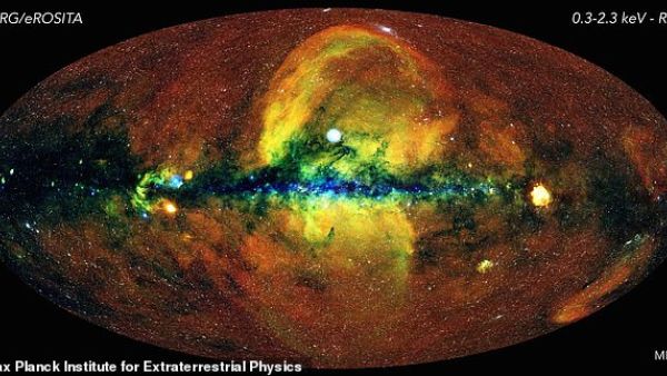 A galaxy hunting telescope has completed its first full sweep of the hot, energetic universe, resulting in a stunning map (pictured)  with more than one million cosmic objects. (Max Planck Institute (MPE)).