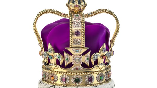 English golden crown with jewels isolated on white. Royal symbol of UK monarchy  (Shutterstock)	