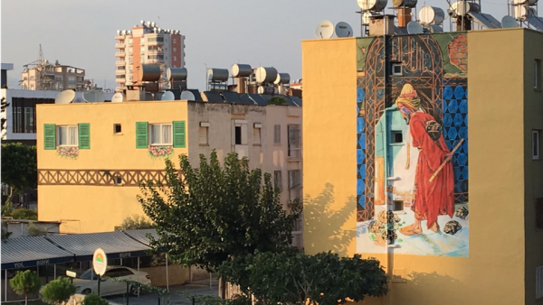 Hazar painted an homage to famed Ottoman painter Osman Hamdi Bey’s picture ‘The Tortoise Trainer’ in August 2017. (Courtesy of Nazife Bilgin Hazar)