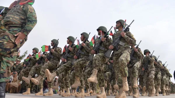Afghan National Army soldiers march during a ceremony in a military base in the Guzara district of Herat province on Feb. 28, 2019. (AFP)