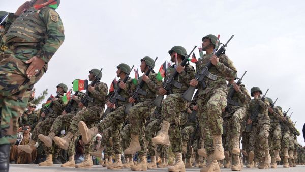 Afghan National Army soldiers march during a ceremony in a military base in the Guzara district of Herat province on Feb. 28, 2019. (AFP)