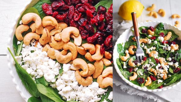 سلطة السبانخ بالتوت البري مع الكاجو وجبن الماعز