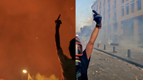 This combination of pictures created on August 11, 2020 shows (L) an Iraqi protester gesturing the middle finger at riot police during an anti-government demonstration in the Shiite shrine city of Karbala, south of Iraq's capital Baghdad on October 27, 2019; and a Lebanese protester gesturing the middle finger at security forces amid clashes in downtown Beirut on August 8, 2020. Since October, Iraqi and Lebanese protesters have been sharing the hope of sweeping out a system they say is broken and often unab