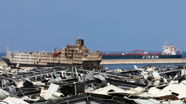 Norwegian Kronviken crude oil tanker is seen docked at the destroyed port of Beirut following a huge explosion that disfigured the Lebanese capital, on August 12, 2020. JOSEPH EID / AFP