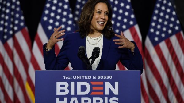 Democratic vice presidential running mate, US Senator Kamala Harris, speaks during the first press conference with Joe Biden in Wilmington, Delaware, on August 12, 2020. Olivier DOULIERY / AFP