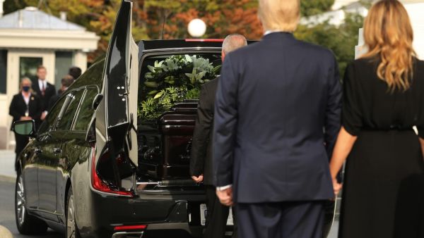 U.S. President Donald Trump and first lady Melania Trump look on as Robert Trumps casket is loaded into a hearse at the North Portico of the White House following his funeral service on August 21, 2020 in Washington, DC. Robert Trump passed away on August 15 at the age of 71. In a statement, President Trump wrote, He was not just my brother, he was my best friend." Chip Somodevilla/Getty Images/AFP CHIP SOMODEVILLA / GETTY IMAGES NORTH AMERICA / Getty Images via AFP