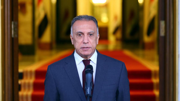 Iraqi Prime Minister Mustafa al-Kadhimi is delivering a speech following the ministerial meeting of the new Iraqi cabinet in Baghdad, Iraq, May 9, 2020. /AFP